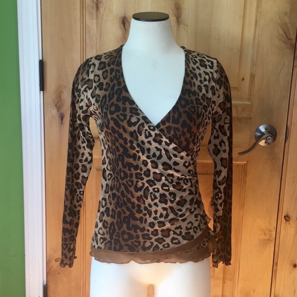 UO Leopard Deep V-Neck Semi-Shr Slvs Top EUC S